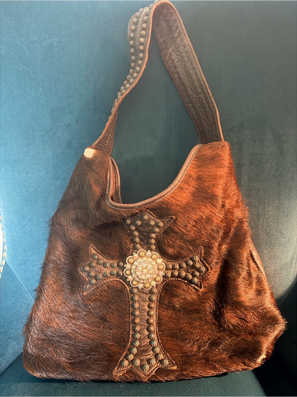 Raviani Brown Hair on Hide/Leather Hobo with Studded and Swarovski Crystal Cross